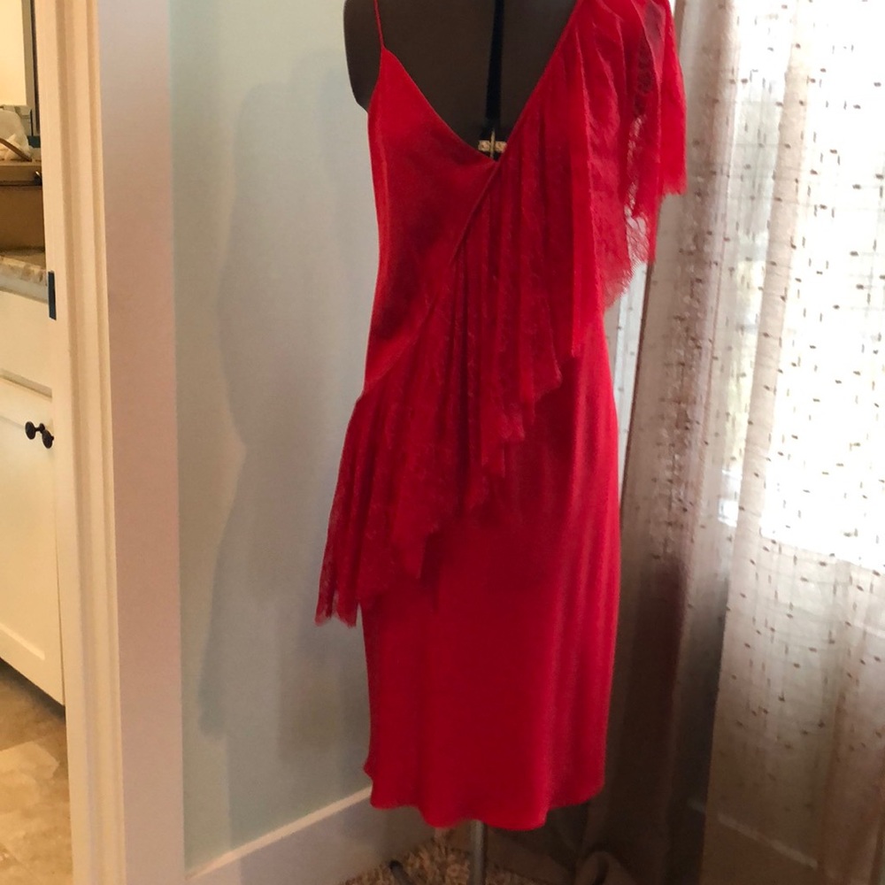 NWOT DVF Red Draped Lace MIDI Length Spaghetti strap and Lace Dress Size 12